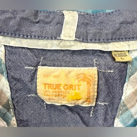 True Grit Men's Teal & Tan Plaid Button-Up Short Sleeve Shirt Size Large - Picture 3 of 14
